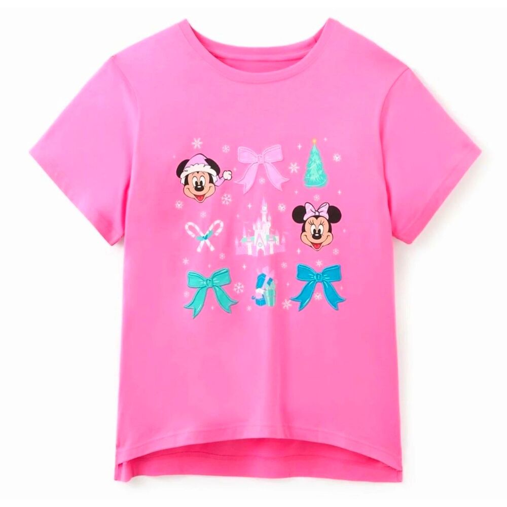 Disney Parks 2025 Mickey and Minnie Pink Christmas Bow T-Shirt